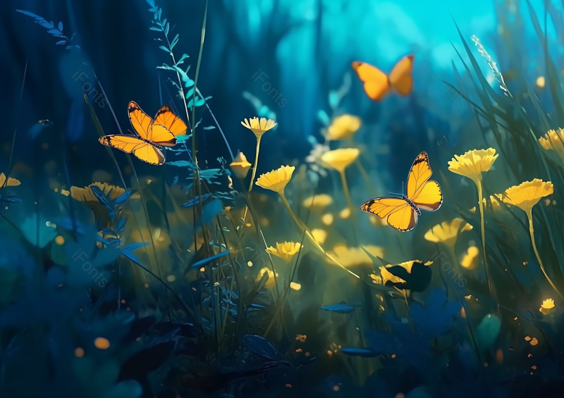 蝴蝶在油菜花丛中飞舞手绘插画,高清,摄影图,摄影图片,图片大全,摄影图免费下载